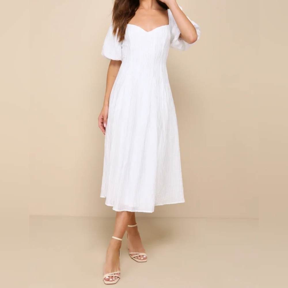 Lulus Heavenly Energy White Textured Puff Sleeve Pleated Midi Dress, Small